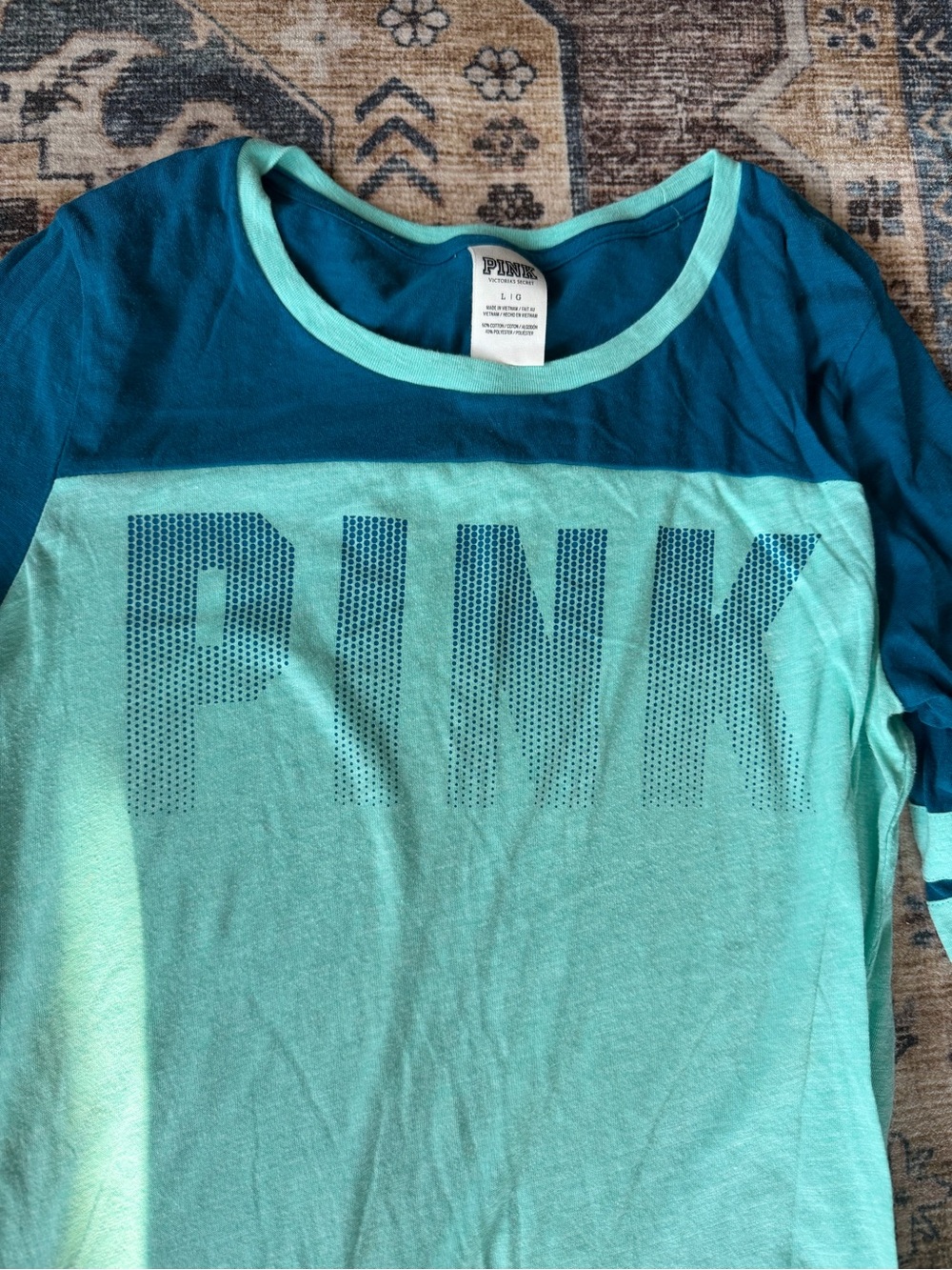 PINK Victoria's Secret Two-Tone Teal/Mint Green Long-Sleeve Jersey Top - Picture 2 of 3